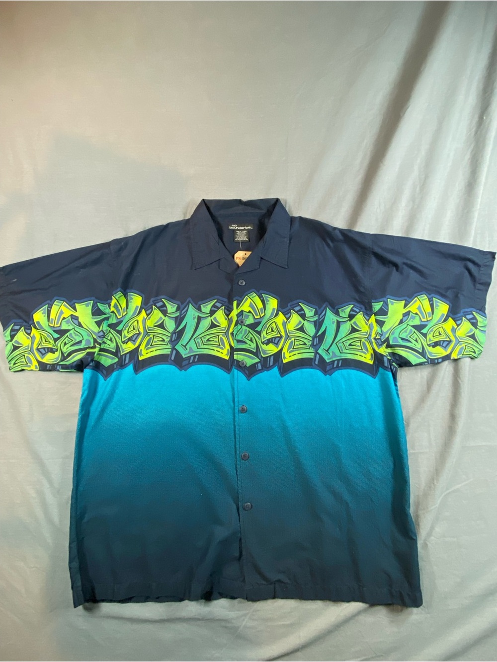 VintageNo Boundaries Men's Blue Gradient Button-Up Shirt with Neon Green Graphic